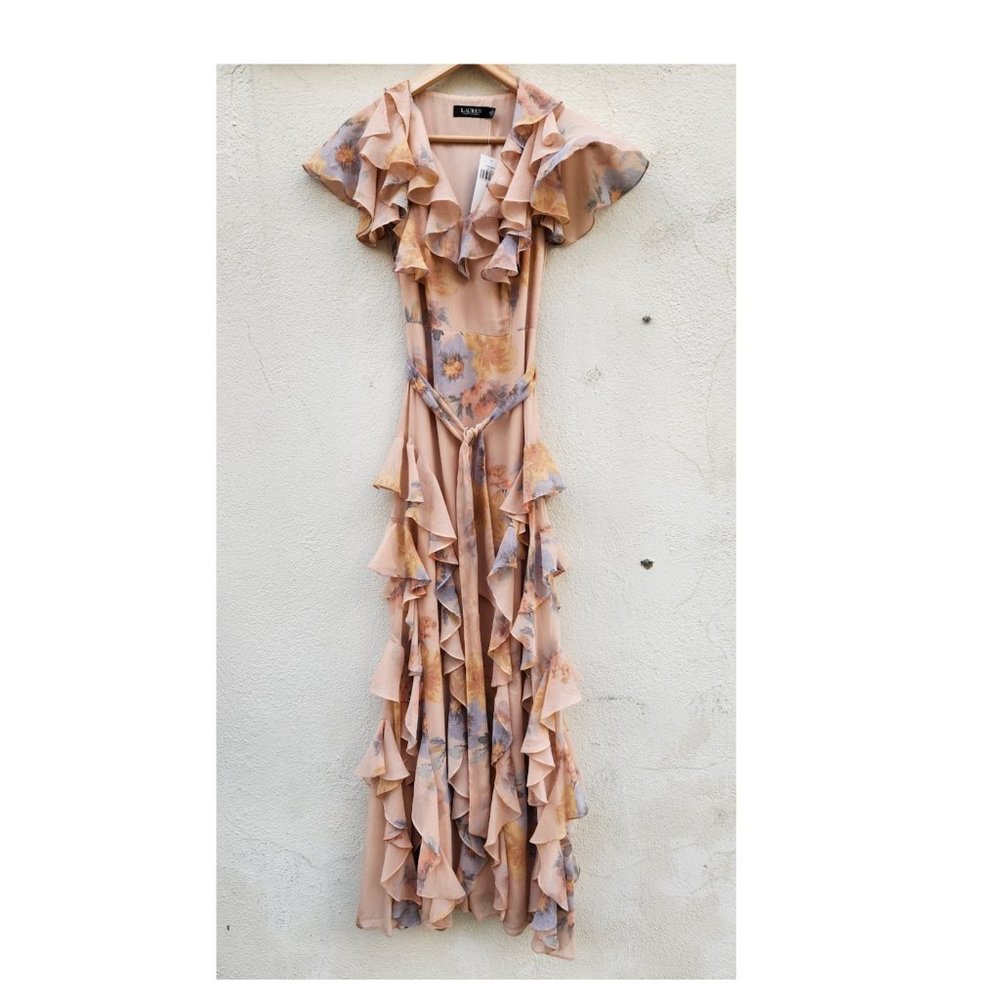 Lauren Ralph Lauren Floral Crinkled Georgette Gown in Blush Multi - Picture 2 of 8